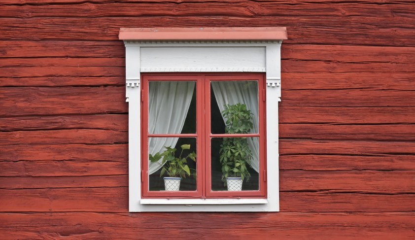 Traditionellt fönster med krukväxter i röd vägg