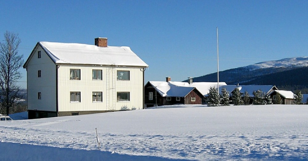 Flera hus i snölandskap