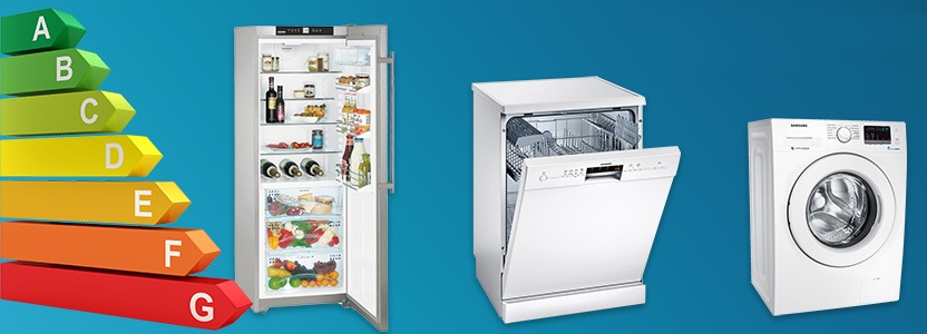 Energimärkning med skalan A till G, ett kylskåp, en diskmaskin och en torktumlare